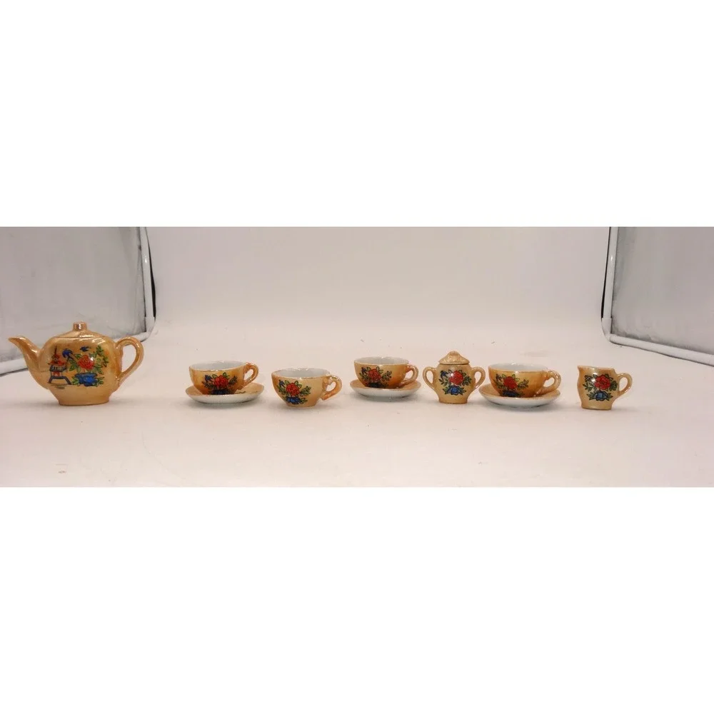 Vintage Lusterware Childs Floral Porcelain 10 Piece Orange/Peach &‎ Blue TeaSet